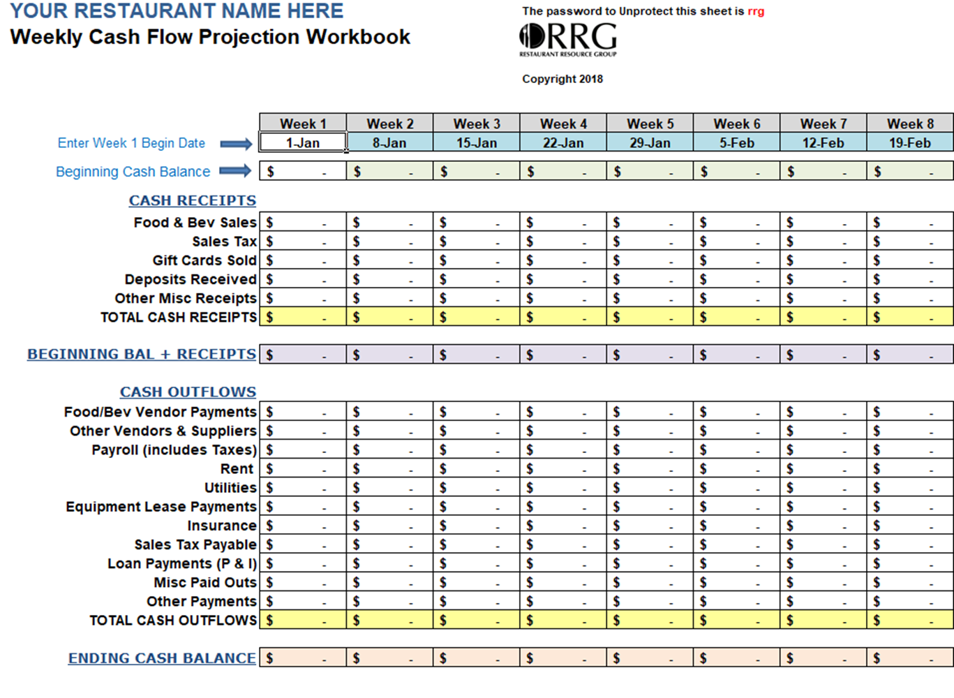 Restaurant Weekly Cash Flow Workbookspreadsheet